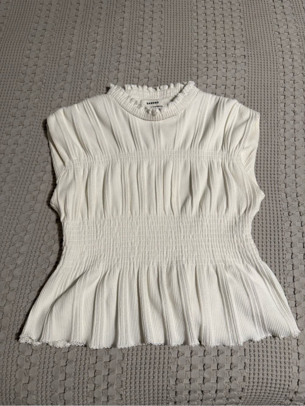 Sandro Cream Smocked Peplum Sleeveless Top